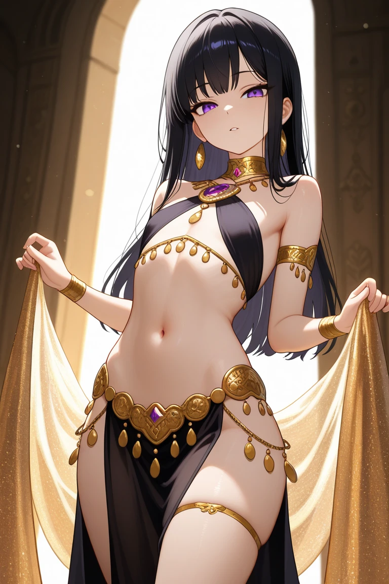 Create a realistic, vibrant and detailed 3D artwork of Mileena, the Empress of Outworld from Mortal Kombat, as a belly dancer. She should have a beautiful face with normal human eyes and Arabian eye makeup, wearing a magenta velvet-chiffon-silk-satin bra with gold coins trims and black leggings with gold hip chains. Accessorize her with gold jewelry, glowing wristbands, and ankle chains. She should dance with an Arabian Scimitar sword in an indoor palace