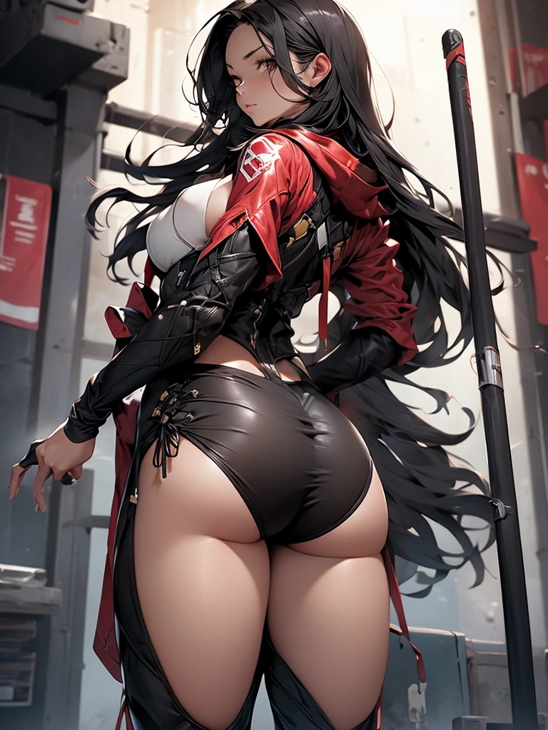 best quality, masterpiece, highly detailed,1girl, ((rose)), (vine), cage, bandage, red rope, (detail light), falling rose petals, Boa Hancock,, (masterpiece:1.5), Detailed Photo, Smiling,(8K, Photorealistic, Best Quality: 1.4), (1girl), Beautiful Face, (anime realistic Face), (Black Hair, long Hair: 1.3), Beautiful Hairstyle, Realistic eyes, beautiful detail eyes, (realistic skin), beautiful skin, (sweater), absurd, attractive, ultra high resolution, ultra realistic, high definition, golden ratio, Huge breasts, Big Ass, Slim waist, Wide hips, (tight uniform), view from behind, back view