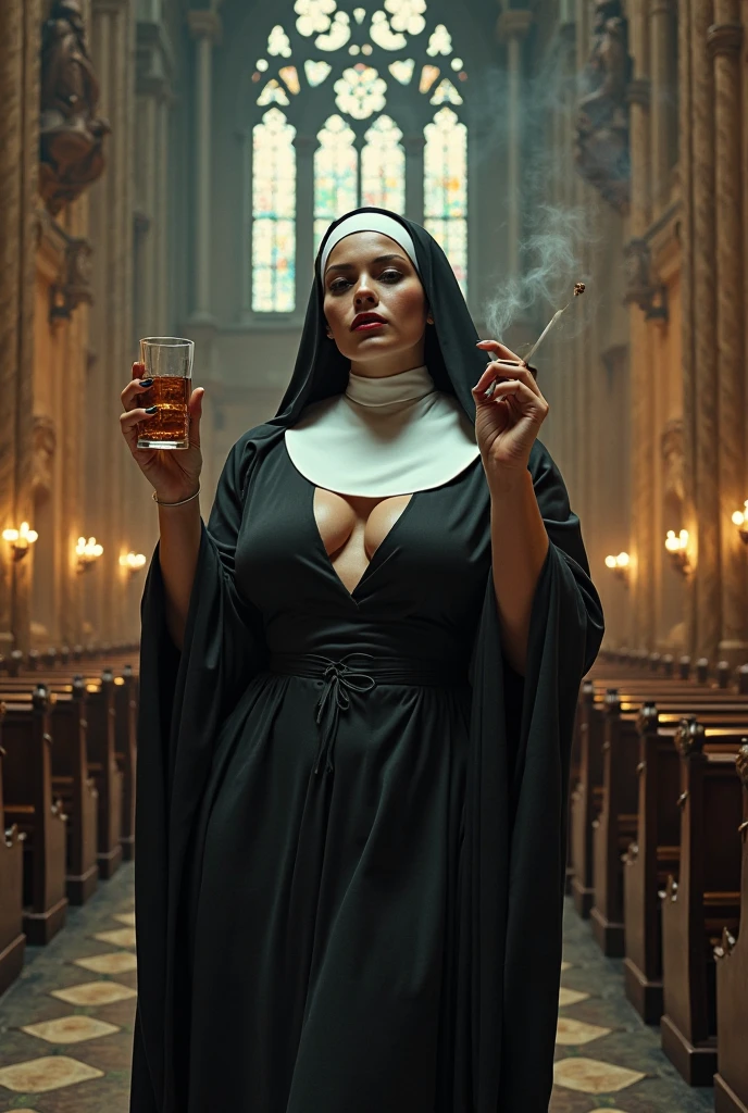 Hot nun, at bar, big chest, ripped dress, pawg ass, American flag in background