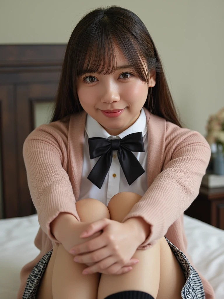 (looking at viewer:1.3),(big smile:1.3),(happy smile:1.3),(extremely beautiful face:1.3),(big eyes:1.3),(double eyelids:1.3),(very long silky hair:1.3),(long eyelashes:1.2), beautiful lips, beautiful eyes, beautiful teeth:1.2),(white panties are clearly visible:1.3),(sexy panties:1.1),(realistic silk panties:1.2),(white panties:1.2),(detailed panties:1.3),(17 year old girl:1.2),32K,masterpiece, Raw photo, (detailed fingers:1.2),Best Quality, photorealistic, highly detailed CG Unity 32K wallpaper, intricate detailed face, (Ultra detailed skin:1.2) super idol, clear eyes, thick thighs, drooping eyes, ,pink checked skirt, Japanese school uniform, brown loafers, loose socks,
