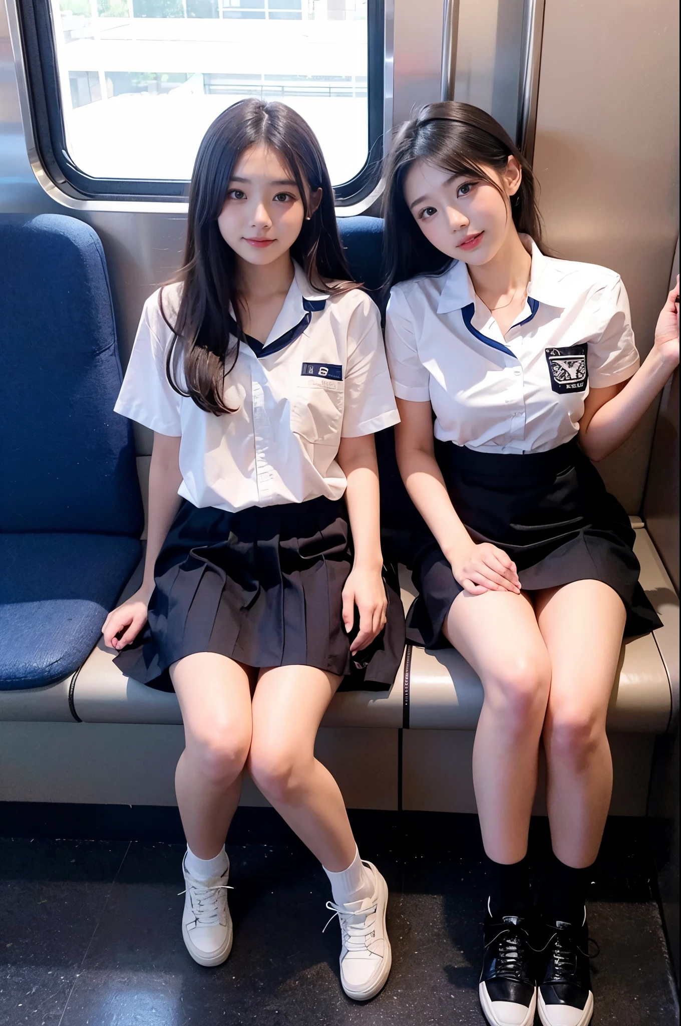 Highest quality, full body detail, the golden ratio, (theater lighting: 0.7), masterpiece, viewer angle shot, ( 18 year old japanese girl student wearing school uniform), Looks straight up happy、Hug a little, (sitting on the train legs open wide), skirt lifting, showing up her panty by spreading her thighs (clear detailed panty), best thigh ???????, total body, perfect faces,  (exremetly detailed skin),
