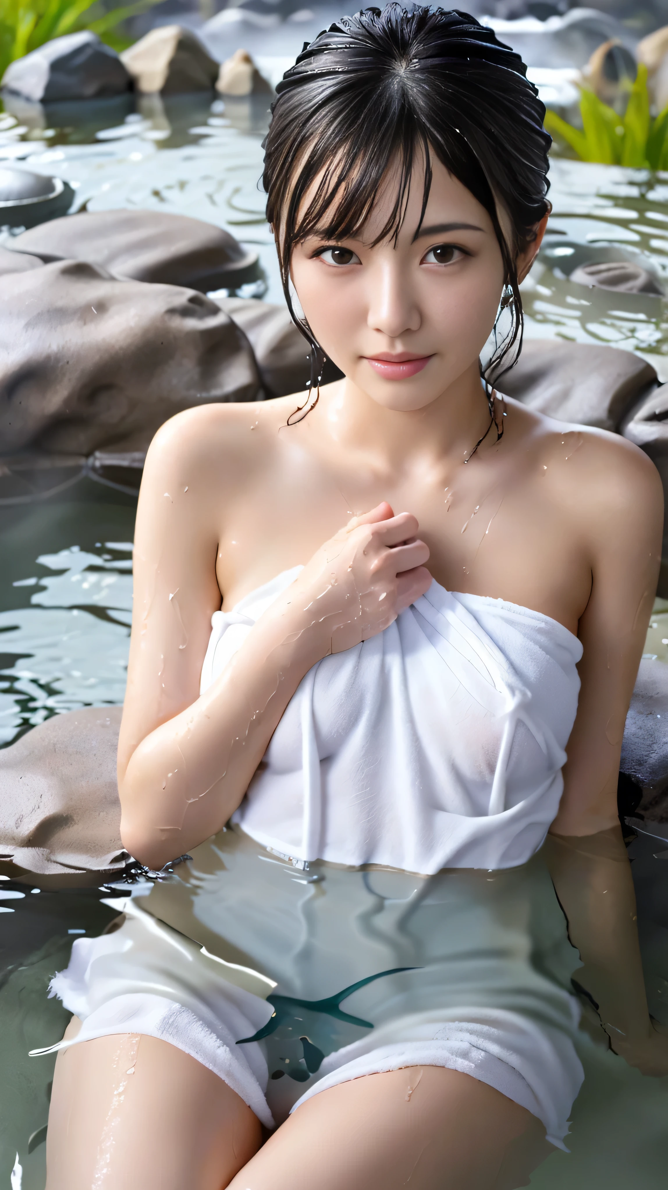 最high quality、high quality、best image quality、8K、最High resolution、High resolution、最high quality、masterpiece、Realistic human body in every detail、Realistic skin in every detail、Realistic face in every detail、Realistic eyes down to the details、Realistic lips in every detail、Realistic teeth in every detail、Realistic ears down to the last detail、Realistic hair down to the last detail、Realistic arms down to the last detail、Realistic reproduction of every detail、Realistic fingers in every detail、(fine hands、thumb１reference４)、Realistic feet in every detail、((beautiful japanese girl))、(japanese model), (japanese woman)、((18 year old beautiful girl))、(black hair)、(random hairstyle)、((whole body))、((beautiful upturned chest))、(slim style、slender style)、(whole body光沢肌、Fair skin)、((A small white towel is wrapped around the body..))、((Thin towel(Her skin is visible through the wet towel))、(soft natural light)、((in the deep forest(Natural hot springs gush out))、((Hot springs surrounded by rocks))、((deep bathtub(deep hot spring))、((Onsen Girls))、((Enter the hot spring))、((A woman warming herself in a hot spring))、((Soak in a hot spring))、((腰までSoak in a hot spring))、((in hot spring water、Sit with your butt down))、((Sit on your knees in the hot spring))、((Sit on your knees in the hot spring))、((lying in a hot spring))、((Kneeling in the hot spring))、((Immerse yourself in hot spring water up to your shoulders))、((A lot of steam rises from the hot spring..))、((Extremely clear hot spring water))、((The main body seen from the water surface))