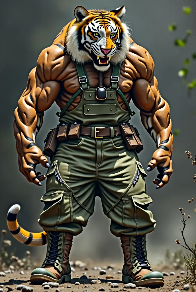 furry bara, a tiger man, orange in color, he is handsome, with medium sized hair tied up, he is a military man and he has a scar on his left eye, the scar is red, he has black eyes with a white pupil, He wears a military beret with black and gold details, he has a pink snout, he wears a black scarf that covers his throat and a little of his shoulders, he wears a katana on his back, he is shirtless and he has a white belly that the white goes up to his neck, he is shirtless and he has stripes across his body, he is very muscular, with a tattoo on his left shoulder, he wears faxes which are black bandages from the elbow to the wrists, he wears black cargo pants with ribbons and rings, and wears a black suspender, and he wears a black military boot.