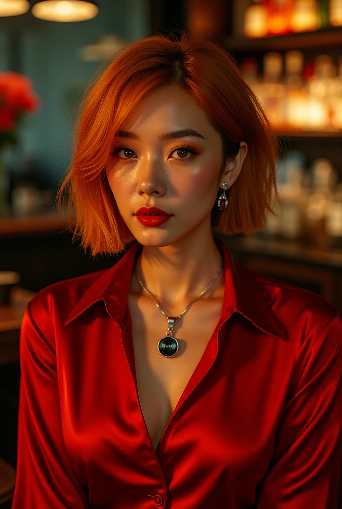 1womanl, Beautiful gangster Lady, OL, (slim fit body), abs, ((shortbob redhead:1.5)), Realistic, extremely detailed CG unified 8k wallpaper, highly detailed, High-definition raw color photos, professional photograpy, Realistic portrait, Cinematic Light, Beautiful detailed, (Beautiful breasts:), (tattoo on the breast:1.2), (full opened red blouse:1.5), Indoors, in the Office near window, Night view, (Best Quality:1.4), Super Detail, High quality, masterpiece, (low angle style:1.3)