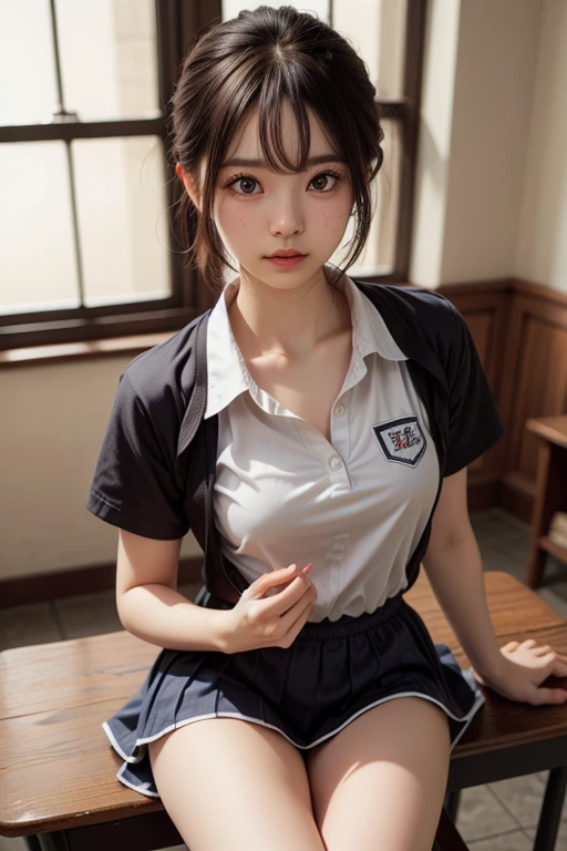 女の子1人、Female around 22 years old、Cosplay、white coats(Underwear is only slightly visible)、a photo、realisticlying、Best quality、adopt、detailed faces、hotels room、Sit on the bed、depth of field、Bokeh
