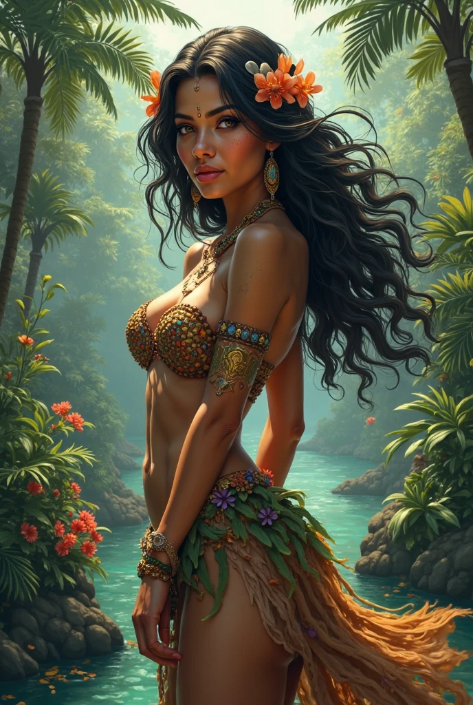 Pretty indigenous lady, marmaid of corcodile with tail, tribal patern, smile with Sharp teeth and nails, naked torso
