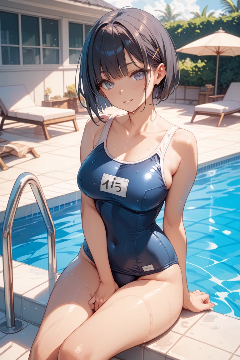 (Unity 16K Wallpaper, masutepiece, Best Quality, Ultra-detailed, extremely details CG, Caustics, Cinematic lighting, Detailed, Beautiful detailed eyes, Solo,Pool side),Ultra High Resolution, Fine skin、A sexy,NSFW,(School Swimsuit:1.3), small tits,14years、Blue eyes、Perm Hair, Red cheeks, embarrassed from,Sitting, Spread legs wide, a pixie cut,blue hairs
