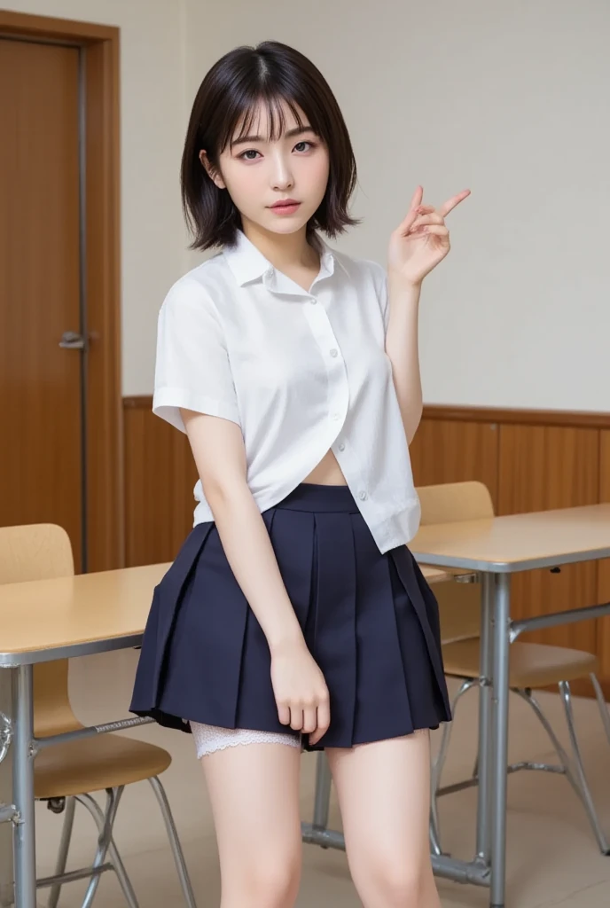 ((Best of the highest quality, 8k, Masterpiece: 1.3, raw photo)), Sharp focus: 1.2, (1 AESPA girl: 1.1), (Solo: 1.18), (realistic, photo-realistic:1.37), face focus, cute face, (Small breasts, flat chest, Thigh: 1.3), messy short hair, updo, Girls' High School uniforms skirt, flower, cinematic lighting, classroom, (from below: 1.2)
