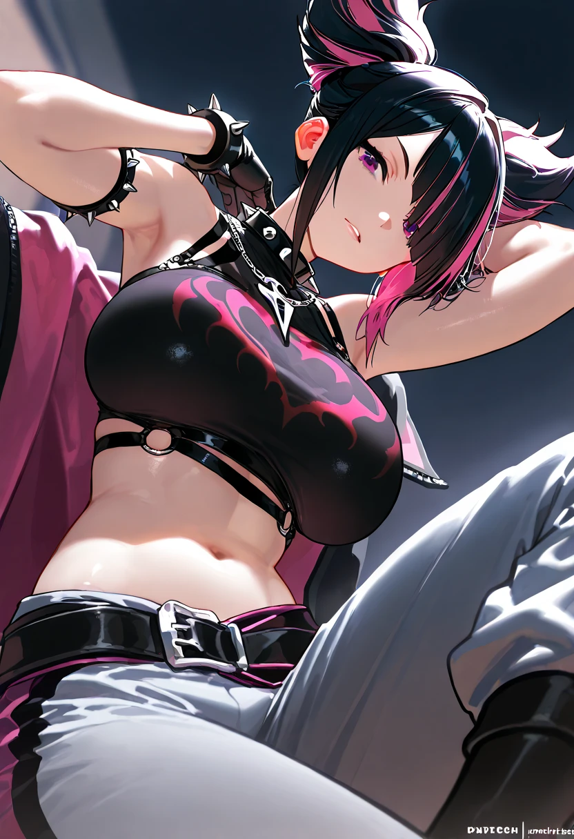 juri han,olhar penetrante,evil look,oculos no rosto,melhor qualidade,,juri han,solo, masterpiece, best quality,city night,looking at viewer,evil smile, evil look,belas coxas,leggings preto,low lighting