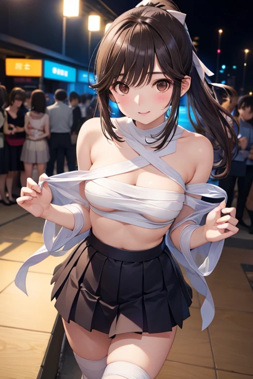 masterpiece, best quality, girl, 10yo, (petite), from side,
seductive smile, standing, magical girl costumes, (open clothes), (clothes lift), small breasts, nipples, comiket_cosplay_Hiroba, comiket_cosplay,