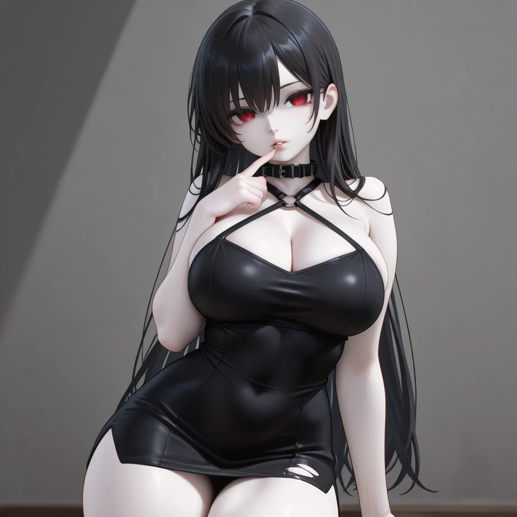 ((Best Quality)), ((masutepiece)), (Detailed), Perfect face Detailed graphics cleavage of the breast red eyes long, thick black hair Blunt bangs She wearing a black and red blazer and miniskirt.。