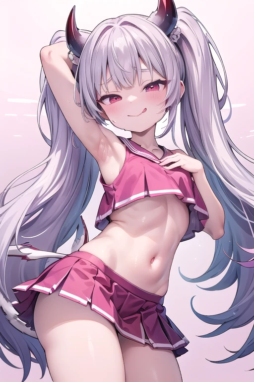 pretty girl、Young face、long silver Hair、long Twin tails、Pink eyeischievous face、Spoiled brat、Immature body、Small breasts、smile、Sweat、(Thick thighs:1.5)、very little demon horns and tail、red eyes、On all fours、Backwards、looking at viewer、sweat、pink tattoo on her abdomen、ハート型の眼、Open mouth、double teeth、fang、blushing and sticking out her cute tongue, tongue out、sensational、cheerleader、whole body