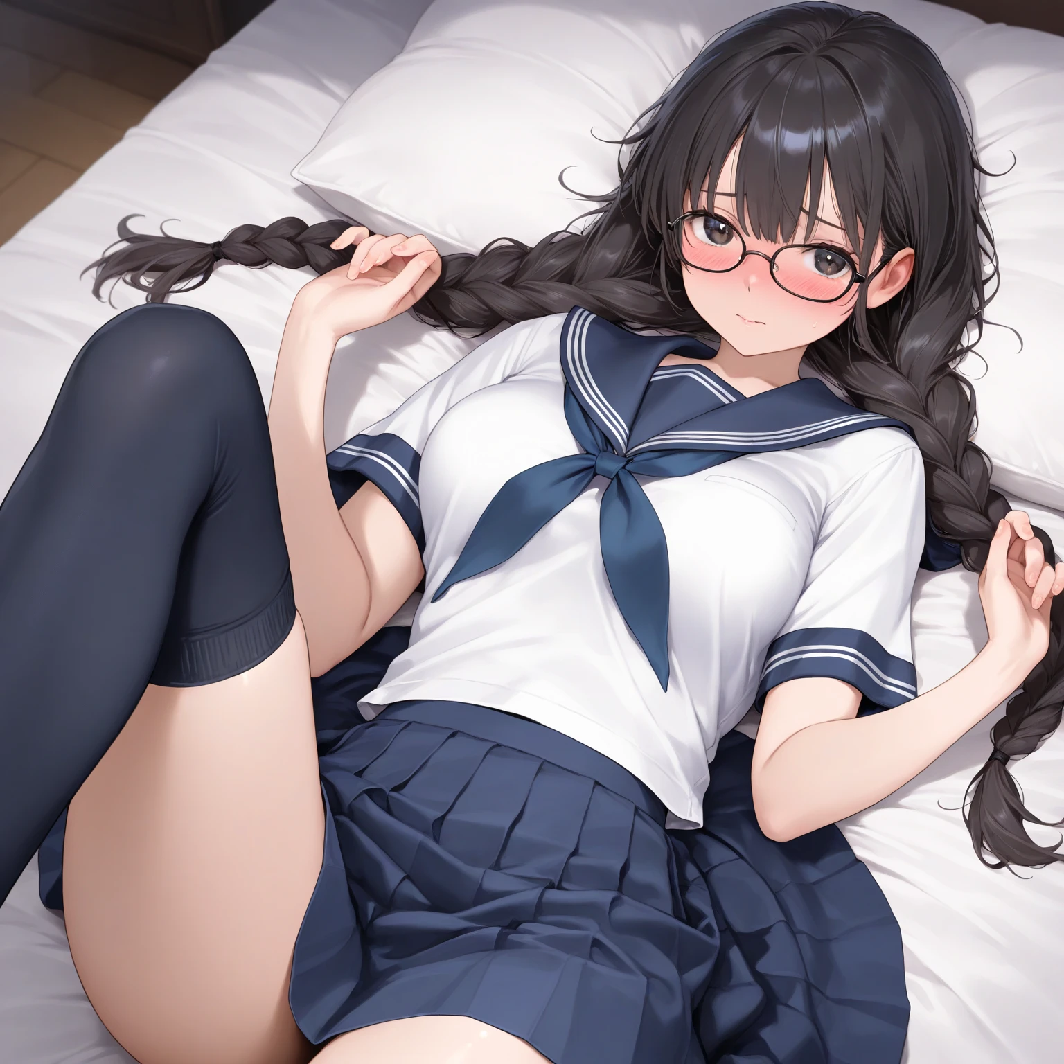 cute little、Amazing beautiful girl, Anime style, 、17 age、on the bed、A dark-haired、Straight hair、Glamour、Colossal tits、de pele branca、wide-open legs、Very embarrassing、red blush。 Best Quality , Textured skin、 high details, High quality,Semi-long hair、No shoes,I can see the belly button、nudde、fullnude,pubick hair、Black short socks、Pubic area、 hair、Open the crotch,、Tsurime,Troubled face、Anime-style eyes,Anime-style nose,Anime-style mouth、lie on one's side、Turn your pubic area towards me、eye glasses、Sailor Suit Jacket,There are highlights in the eyes、The pubic area is open、I want you to lick my pubic area、I want you to smell my pubic area、Lots of pubic hair、I'm lifting my legs.pussy
