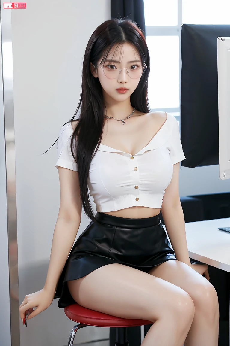 (Best quality, masterpiece, detailed), (RAW, 4k, hd images), shy, 1 girl, , white skin, long hair, ponytail, layers hair, bangs, black hair, beautiful girl, cute girl, sweet girl, pretty girl, perfect girl, pretty eyes, blue eyes, thin lips, thin, (eye line, lip stick soft), perfect , glasses(detailed frame), room, smile, thigh, white tank top, black short skirt, sitting on the chair, white wall background, pose like a model, facing on camera, full body, full legs, foot with high heels