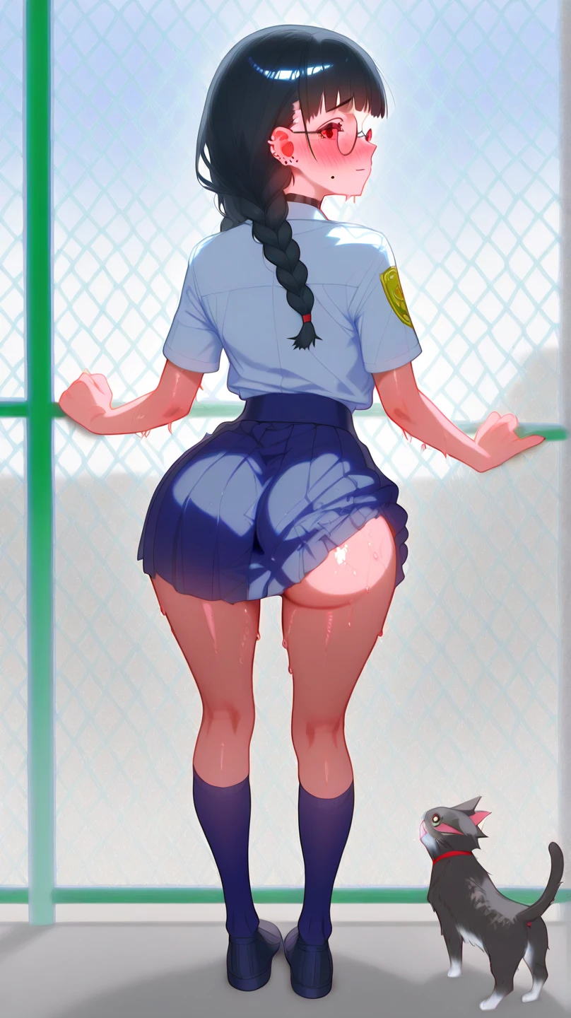 cute girl,curvy body,wet pussy,white shirt,bow tie,volleyball uniform,pubic hair,short black hair,at public bathroom,blushed,tanned skin,from behind,opened anal