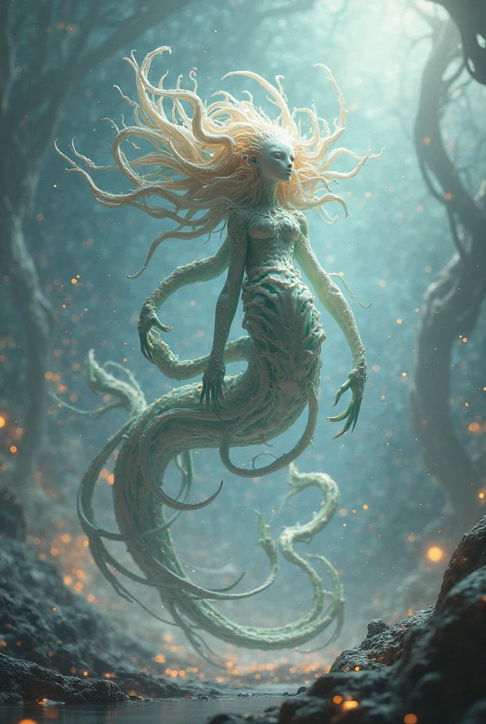 (best quality: 1.4), (masterpiece: 1.2), detailed, complex, high resolution, iridescent colors, A charming and fascinating creature with otherworldly forms that blend the best aspects of the monster human form and the innocent charm of a precocious child, scales, wings, blue, texture, complex, gorgeous, 3D, highly detailed, decorative style, Tim Burton, Dale Chihuly, Bruce Zheng, Cyril Rolando, H. R. Giger $plastic$ Grid: Real Lenoid afremov style, wet, fire