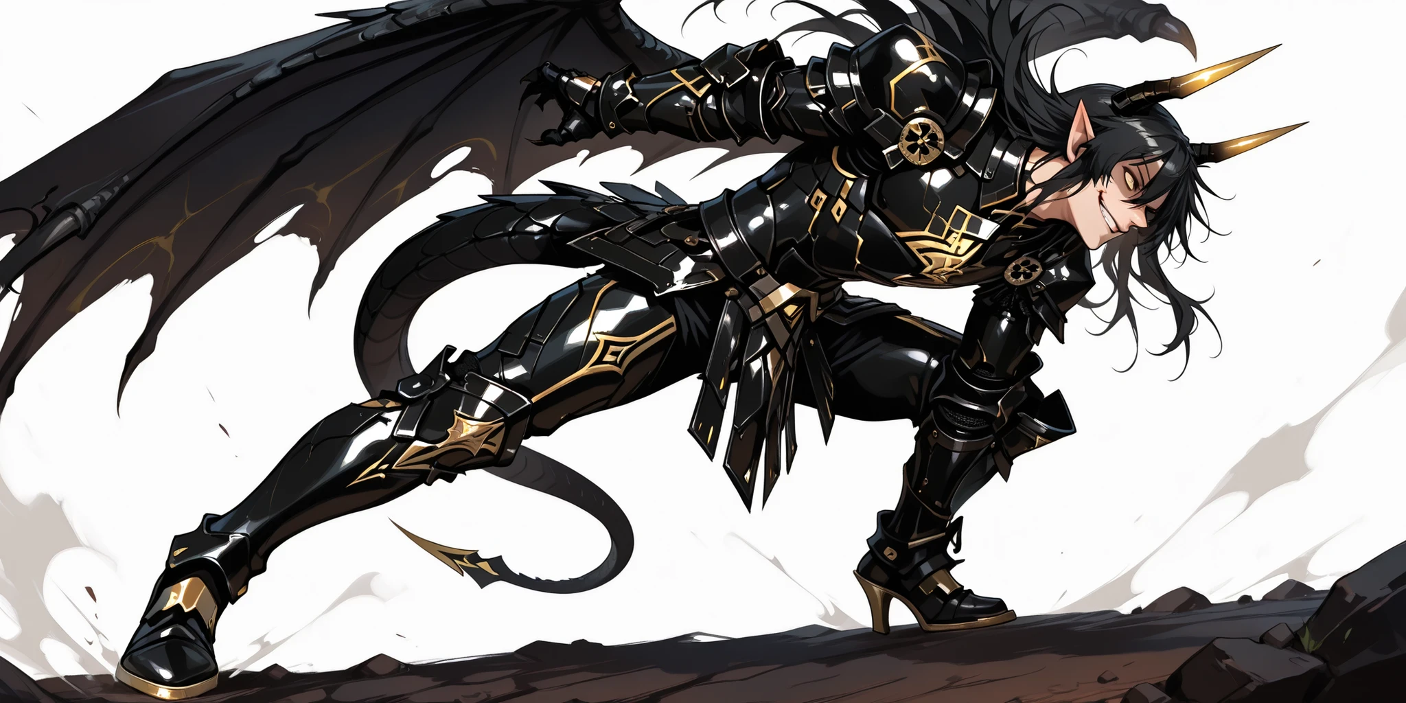score_9, score_8_up, score_7_up, absurdres, 128K Ultra High Resolution, (masterpiece, best quality: 1. 5), high definition, highres, 8K wallpaper, CG, (((Anime))), (1 male), solo, lean body, (masculine), (floating in the air), weredragon, japanese anime style, glossy black, shiny black leather, ((beautiful golden eyes, finely detailed eyes, bright eyes, vertical iris)), hair between eyes, black hair, long hair, sideburns, wild hair, unkempt hair, (sly grin, smirk, evil smile), teeth, confident, ((ultra detailed face)), shiny skin, long pointy ears, twisted torso, long-legged, sculpted face, wasp waist, dragon horn, dragon tail, dragon wings, dragon sharp claws, (black armor with a lot of grandiose decorations), half dragon half human, dramatic angle, (dynamic pose, combat pose: 1. 5), ((ultra detailed black armor)), black armor with gold accent, all black outfit, full body, emphasize face, focused expression, sharp focus, good-looking man, well-polished black armor, (best illustration), cinematic, dramatic lighting, (intricate detail, extreme detailed, super detailed: 1. 5), ((highly detailed artwork)), dramatic shadows, tenebrism, wonderful pose, chiseled features, stark contrast, heavy shadows, detailed black decorations, beautiful and aesthetic, photoreal, from side, (mysteriously crafted black metal armor: 1. 5), sparkling accessories, thick and luxuriant hair, ((ultra detailed fantasy black armor)), dressed in black, broad shoulder, true-to-life visuals, artistically refined, dramatic contrasts, ((extremely delicate and beautiful armor, elaborate armor details)), ((dark armor, stylized armor)), exquisite goldwork, wonderful black armor, armor with intricate engravings, ((armor-type high heels)), ((detailed shoulder armor with intricate engravings, gold accent black armor)), very gorgeous and dazzling, ((dark fantasy black knight)), slim waistlines, wide chested, sinewy body, (((Hyper Detailed & Perfectly Designed Black Armor))), (simple white background), windy
