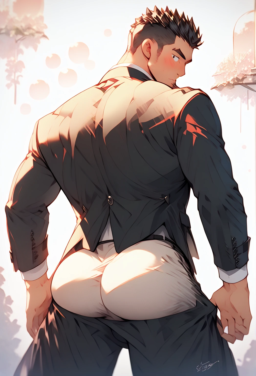 Caracal, good looking, male, anthro, ultradetailed, muscular, solo, bareness, rippling muscles, muscles, office background, tail, smile, big pecs, looking at viewer, white t-shirt, tie, jockstrap, bara, big butt, big muscles, rear view,