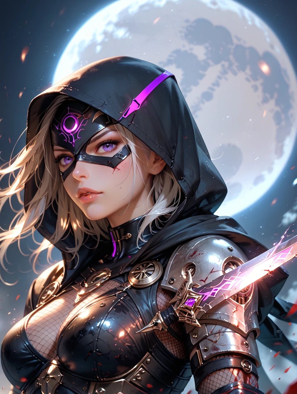 light particules, lens flare glow, Luminous particles
Purple-eyed masked female ninja,Eye detail depiction,Sharp eyes,White cloth armor,wielding a flaming sword,karate stance,