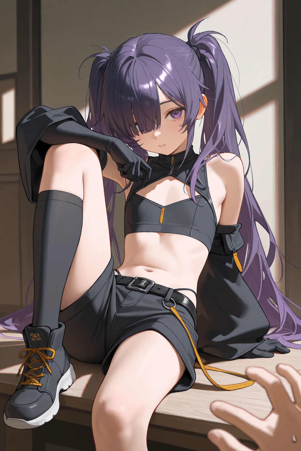 Girl with long purple hair slim, cuteface, little chest, in leather shorts, Squatting, spreads the legs