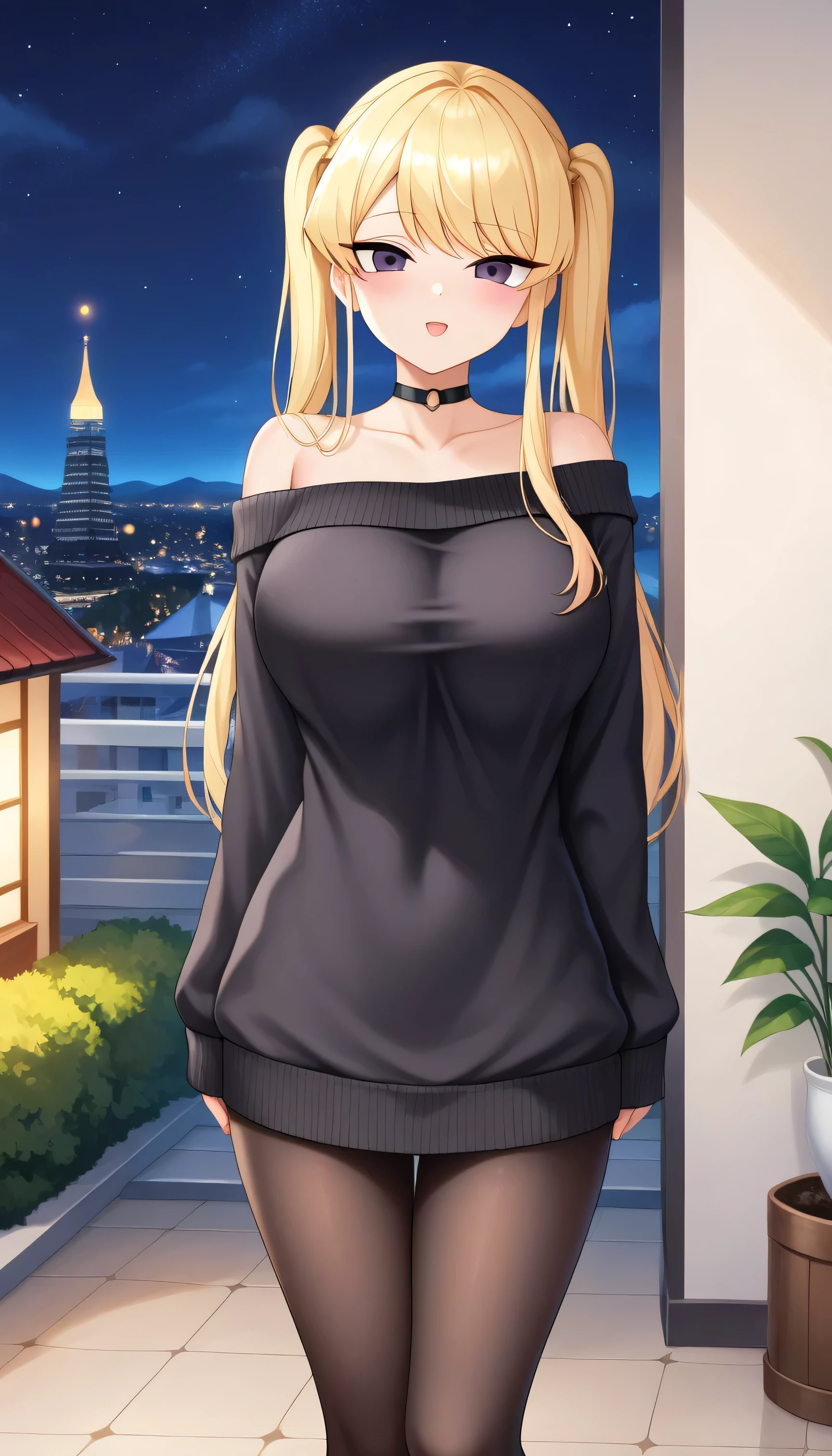 masterpiece, best quality, AiHayasakaV4, 1girl, solo, looking at viewer, blush, blue eyes, blonde hair, hair ornament, hair between eyes, nail polish, side ponytail, v, scrunchie, hair scrunchie, blue nails, blue scrunchie, 1girl, pantyhose, solo, skirt, open_mouth, large_breasts, black_pantyhose, mole, mole_under_mouth, purple_skirt, long_hair, black_sweater, turtleneck, pleated_skirt, open_clothes, smile, sweater, long_sleeves, shirt, sweatdrop, miniskirt, city, night, outdoors,