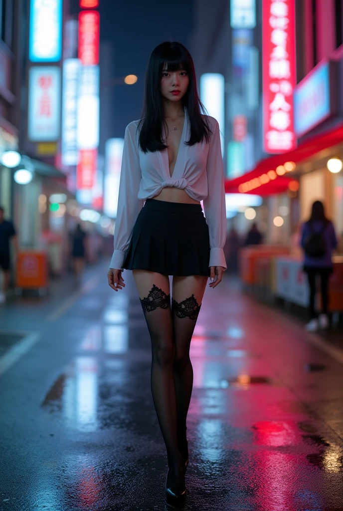 ulzzang-6500-v1.1, (RAW photo:1.2), (Photoreal), beautiful detailed girl, (genuine: 1.4), A woman wearing a miniskirt posing in the middle of the road,  on rooftop tokyo night, sexy style, super realistic pantyhose:1.2, in tokyo at night, on the streets of tokyo, on the city street, on the city street at night, Yoshitomo Nara, on the streets of tokyo, at night, Neon night spot available, high heels、turn around、huge file size, High resolution, very detailed, highest quality, [masterpiece:1.6], enlightenment, very detailed, finely, highest quality, 8k wallpaper, movie lighting, 1 girl, 26 years old, perfect body shape, highest quality, 1 girl,  ((full body shot:1.2))、