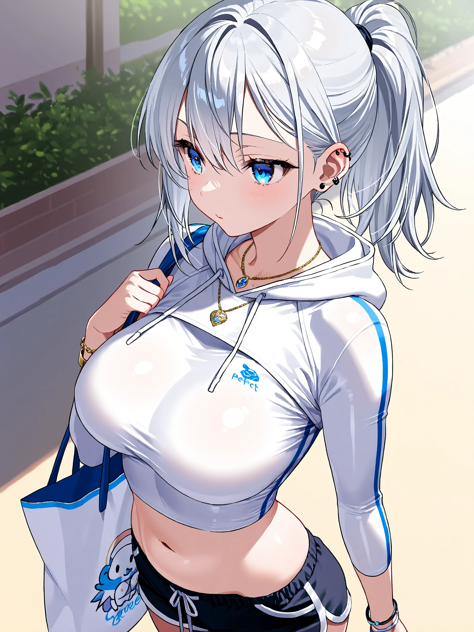 (((masterpiece))), ShizukaMikazuki, One Girl, alone, Looking at the camera, Long Hair, Gray Hair, Long sleeve, Cleavage, Very large breasts, Mature Body,clavicle, Jacket, Open clothes, open Jacket, blue hoodie, Grey sports bra,Gray hot pants, choker with a charm,Play sports often, Abdominal muscles,bicycle,Clear light blue eyes, Blushing,Navy blue ribbon,smile,Earrings,Golden navel piercing,Park at dusk, 