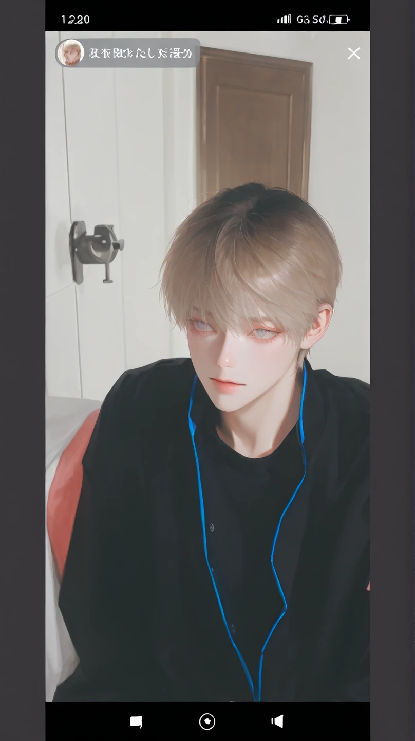 A close-up of a person with a cell phone in hand, cai xukun, pintar ulzzang, Kim Doyoung, inspirado en Kun Can, chico rubio con ojos amarillos, 1 7-year-old boy with a thin face, inspirado en Bian Shoumin, jungkook, jinyoung shin, inspirado en Yanjun Cheng, Yanjun Chengt, con pelo corto, blue eyes, realista, rostro adorable, delicado, chico lindo, cute face
