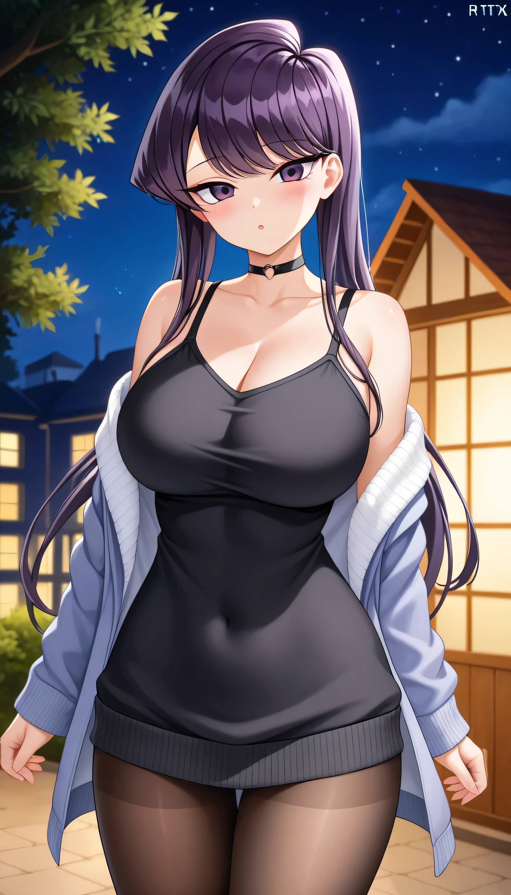 (masterpiece:1.2, best quality:1.1, highres,absurdres, high quality),(photorealistic:1.1),reflected light, colorful,ultra-detailed,8k, ultra hd, super detailed,
tohka yatogami, purple eyes, purple hair,  red ribbon, large breasts,thick thighs,  ,indoor,standing at the window, looking at viewer, rain,night, looking at looking at viewer, from side,barefoot,  nakedsweaterdef,naked sweater, sweater, meme attire, virgin killer sweater, breasts, turtleneck sweater, bare shoulders, turtleneck, sweater dress, ribbed sweater, sideboob, rain outside the window,sleepy, village outside the window, hand on ass, traces of rain flowing through the glass,
 <lora:OGT_Tohka_Yatogami-v2:0.6>  <lora:LoRA_Sweater:0.8> <lora:sleepy_v100:0.8>