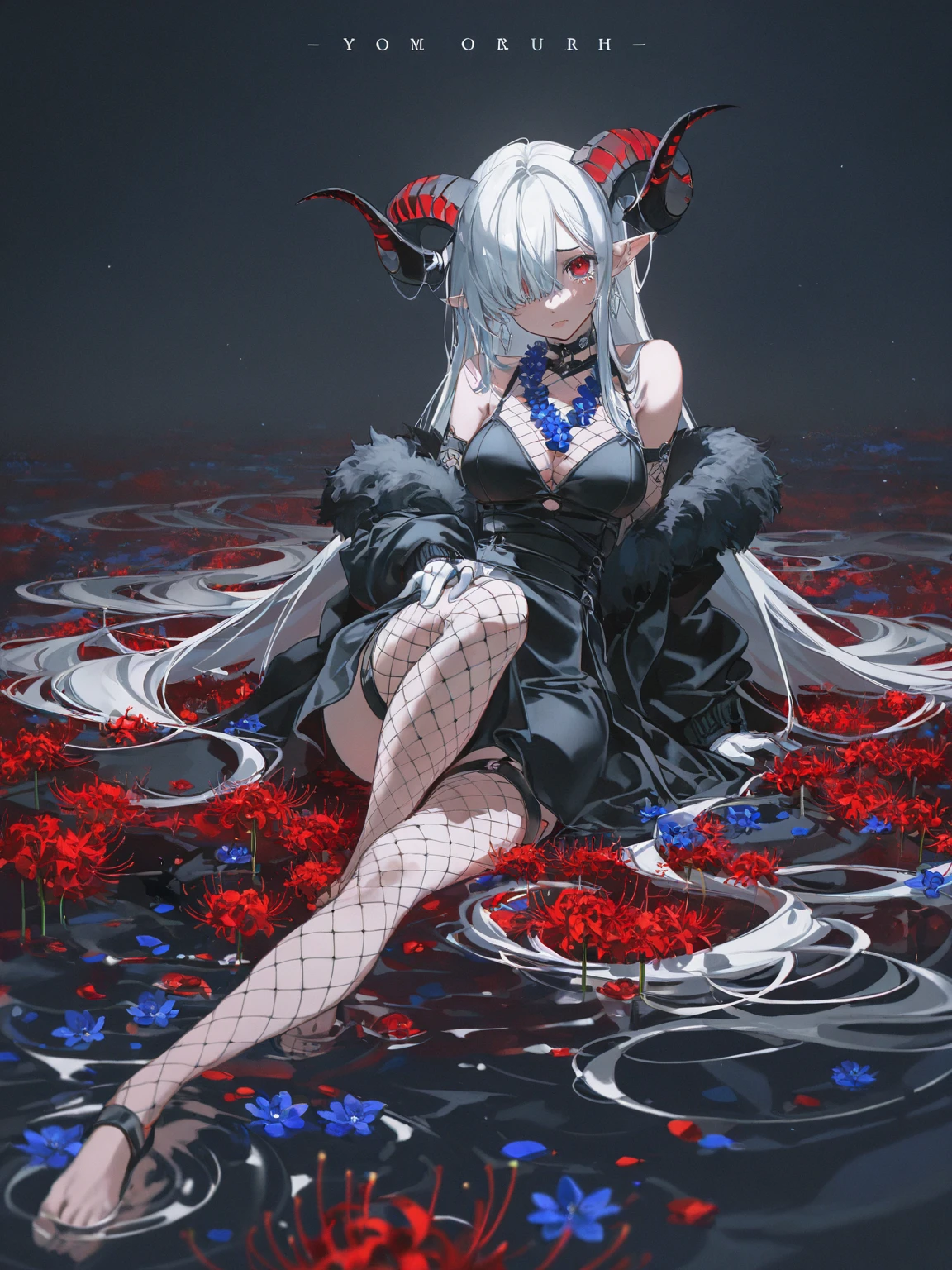 <lora:lightAndShadow_v10:0.4>, 1girl,white hair,long bangs,belt,crow, black cape ,black pantyhose,red eyes, bikini bra,medium breasts,feather hair ornament,dark forest ,grey panties ,hair flower,hand on leg,looking at viewer ,black pantyhose,((see-through)),sitting in tree,branch,underwear,light smile ,night,full body, full moon, crow,