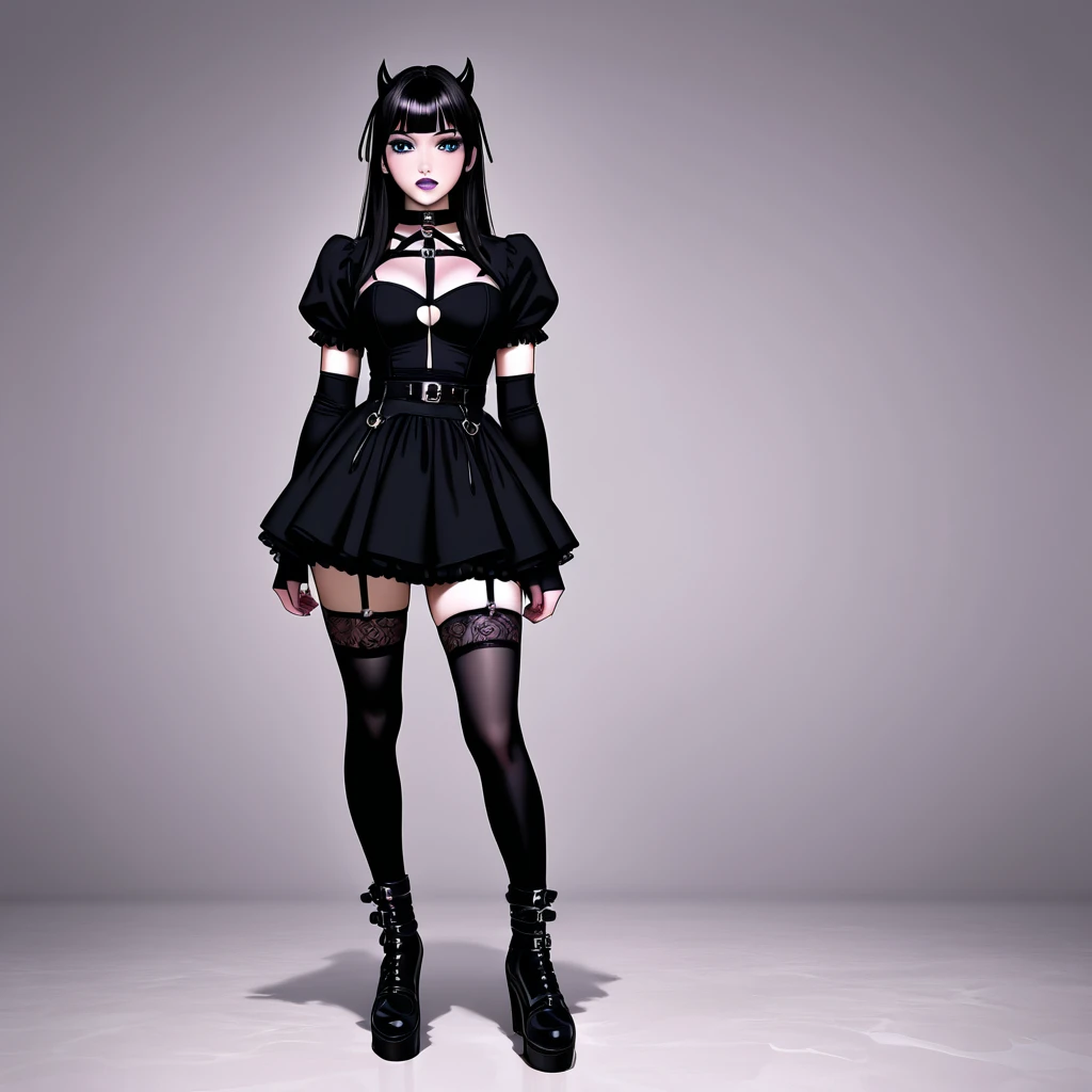 (Female short, black hair, red eyes, red lips, fangs, tongue, blood, hour glass body, skinny, busty) (black short dress, lacy dress, corset dress, gothic dress, cleavage, thigh high boots, combat boots, gothic boots) (goth church, gothic alter, dark church evil church) (legs spread, upskirt, panties, lacy panties, black panties, camel toe, erect nipples) (hd, 8k, detailed, beautiful, dark, fullbody)