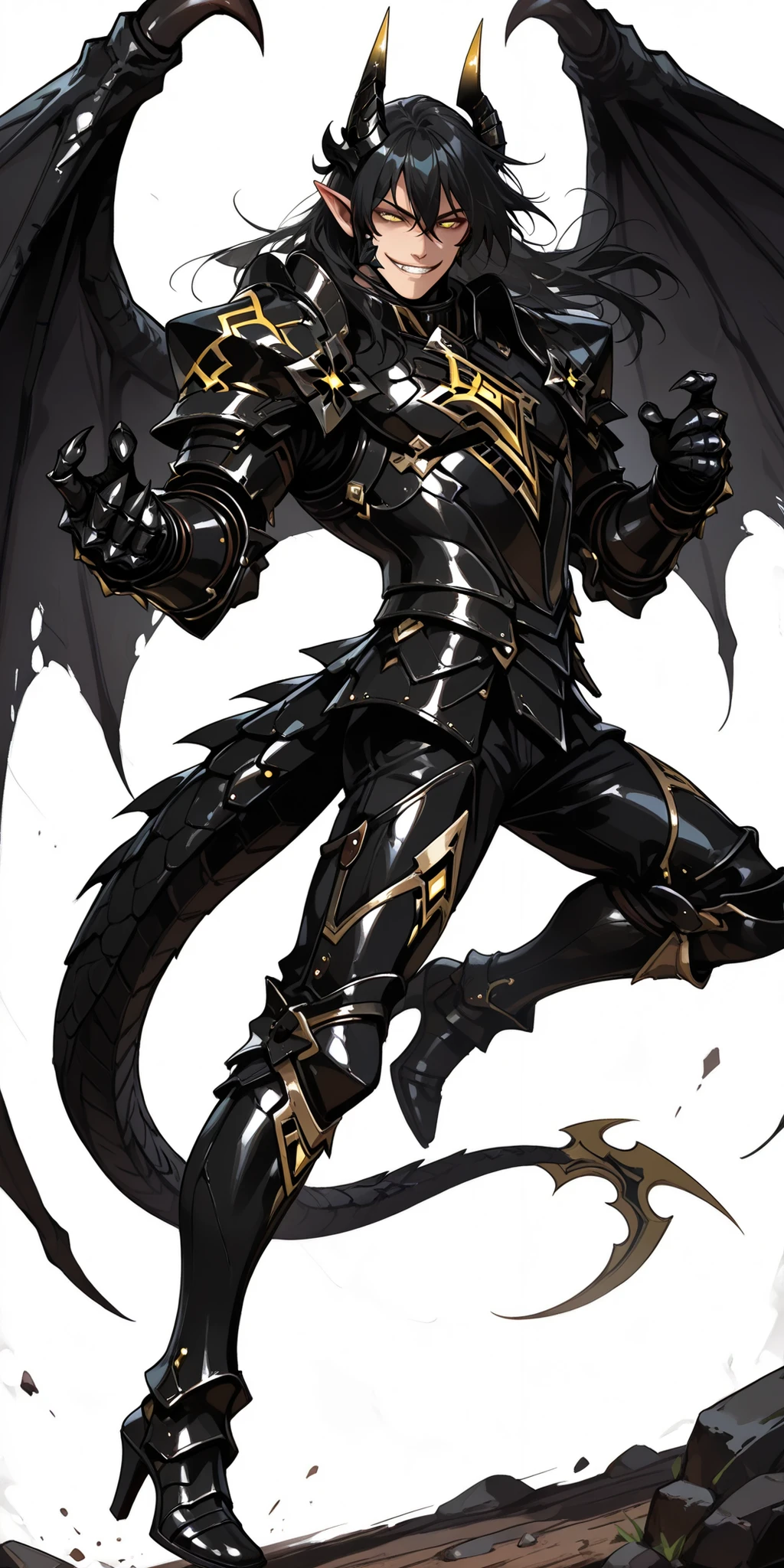 score_9, score_8_up, score_7_up, absurdres, 128K Ultra High Resolution, (masterpiece, best quality: 1. 5), high definition, highres, 8K wallpaper, CG, (((Anime))), (1 male), solo, lean body, (masculine), (floating in the air), weredragon, japanese anime style, glossy black, shiny black leather, ((beautiful golden eyes, finely detailed eyes, bright eyes, vertical iris)), hair between eyes, black hair, long hair, sideburns, wild hair, unkempt hair, (sly grin, smirk, evil smile), teeth, confident, ((ultra detailed face)), shiny skin, long pointy ears, twisted torso, long-legged, sculpted face, wasp waist, dragon horn, dragon tail, dragon wings, dragon sharp claws, (black armor with a lot of grandiose decorations), half dragon half human, dramatic angle, (dynamic pose, combat pose: 1. 5), ((ultra detailed black armor)), black armor with gold accent, all black outfit, full body, emphasize face, focused expression, sharp focus, good-looking man, well-polished black armor, (best illustration), cinematic, dramatic lighting, (intricate detail, extreme detailed, super detailed: 1. 5), ((highly detailed artwork)), dramatic shadows, tenebrism, wonderful pose, chiseled features, stark contrast, heavy shadows, detailed black decorations, beautiful and aesthetic, photoreal, from side, (mysteriously crafted black metal armor: 1. 5), sparkling accessories, thick and luxuriant hair, ((ultra detailed fantasy black armor)), dressed in black, broad shoulder, true-to-life visuals, artistically refined, dramatic contrasts, ((extremely delicate and beautiful armor, elaborate armor details)), ((dark armor, stylized armor)), exquisite goldwork, wonderful black armor, armor with intricate engravings, ((armor-type high heels)), ((detailed shoulder armor with intricate engravings, gold accent black armor)), very gorgeous and dazzling, ((dark fantasy black knight)), slim waistlines, wide chested, sinewy body, (((Hyper Detailed & Perfectly Designed Black Armor))), (simple white background), windy