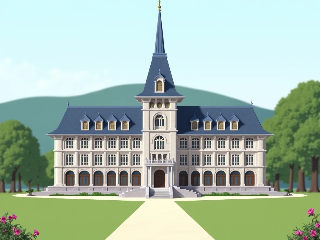 Illustration-style background image, a huge European-style mansion with several trees on the side, black sky, and a huge Gothic iron gate in front