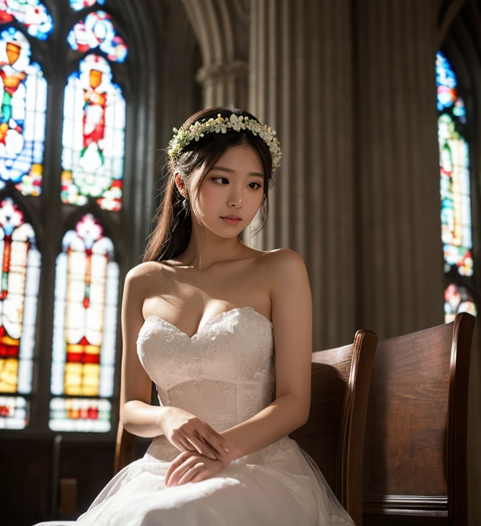 (realistic、Like a photograph、live action、8k, Photoreal, RAW photo, best image quality: 1.4), Single-lens reflex camera、RAW photo, highest quality, realistic, Highly detailed CG Unity 8k wallpaper, Depth of written boundary, cinematic light, Lens flare, ray tracing, realistic background、(Wedding dress:1.5、cleavage:1.37、big breasts、lift:1.2)、((super dense skin))、 1 female,cute japanese woman、japan bride、((completion:1.5)、looking at the viewer:1.1、embarrassed look、random hairstyle:1.2、i like the style、Snazzy、Super detailed、pay attention to details、long hair、hair arrangement、hair is up、perfect bridal dress、(white skin)、beautiful feet:1.1、stand in church、great atmosphere、View from the front、beautiful background、Detailed background depiction、detailed portrait