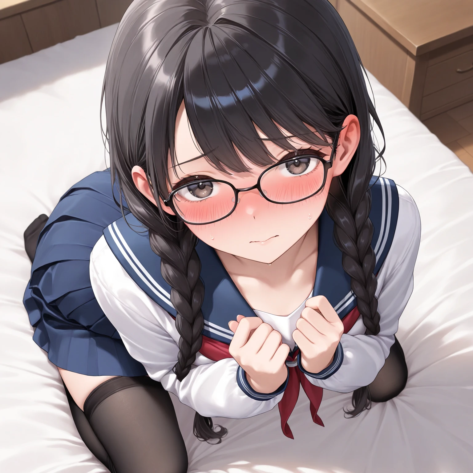 A cute girl in a , short brown hair, squatting down and looking shy, steam rising around her, photographed from below, 1girl, very short hair, white blouse, navy blue skirt, navy blue socks, brown loafers, white panties, red framed glasses, nichijou style, best quality, 4k, 8k, highres, masterpiece:1.2, ultra-detailed, realistic, photorealistic, photo-realistic:1.37, HDR, UHD, studio lighting, ultra-fine painting, sharp focus, physically-based rendering, extreme detail description, professional, vivid colors, bokeh、in a state of arousal and trembling with sexual climax,simple illustration style, in a nichijou (everyday life) setting