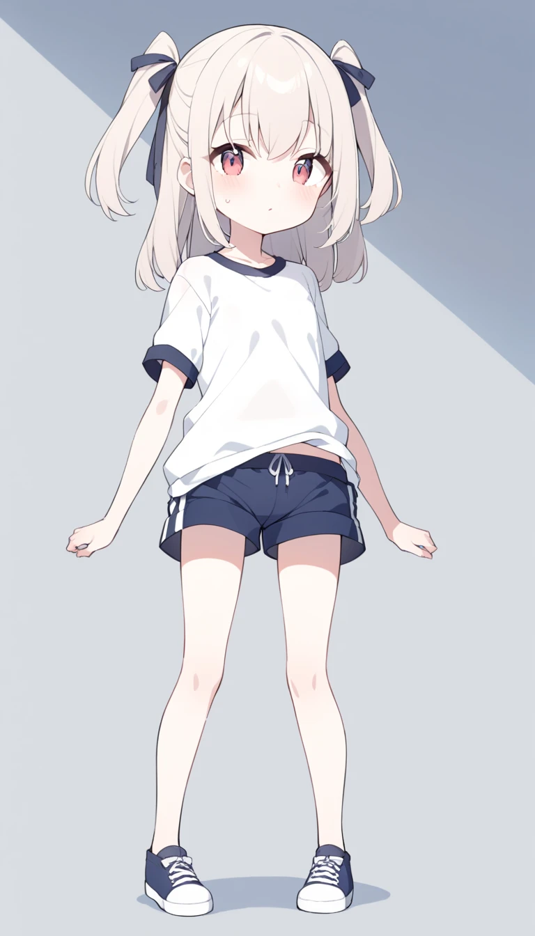 Silver Hair、Red eyes、Fox ears、girl、Small breasts、ponytail、girl、Small breasts、Bright smile、Looks about 15 years old、Petan Musume、He is short、Gym、【prompt】

break (Old style sportswear for Japanese schools:1.3), ((Soft cotton material, matte material):1.3), (Oversized soft cotton short sleeve U-neck white tunic:1.4), (Blue line on the top outline:1.3), ((Slim fit, Perfect fit) (Dark blue panties, Deep blue athletic micro shorts in soft cotton, Soft cotton dark blue bloomers):1.3), ((between legs, Upper thigh skin):1.3), (White socks:1.3), (Sneakers:1.2),