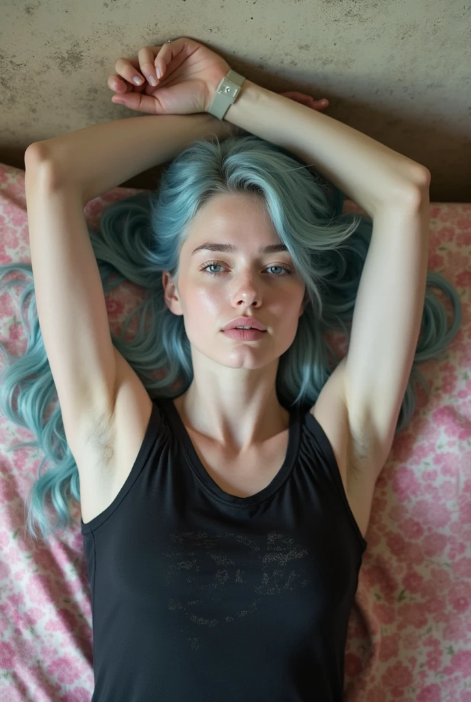  Close up, 23 year old beautiful woman, happy smile, light blue hair, long braided hair, laying down in a field of green plants and colourful flowers,, surrounded by flowers, laid down, laying on her back, warm lighting, white lace top, white mini skirt, white short skirt, blurry foreground, spring, hyper realistic, highest quality, ultra realistic, extremely detailed, hd, HDR, hyper detailed, professional photoshoot, cinematic, ultra detailed, beautiful body, visually rich, concept art, luminous, intricate details, subtle colors, extremely detailed, ultra sharp focus, light particles, attention to detail, grandeur and awe, stunning visual masterpiece, double exposure, 32k, photorealistic, strong outlines, cinematographic scene, highest quality
