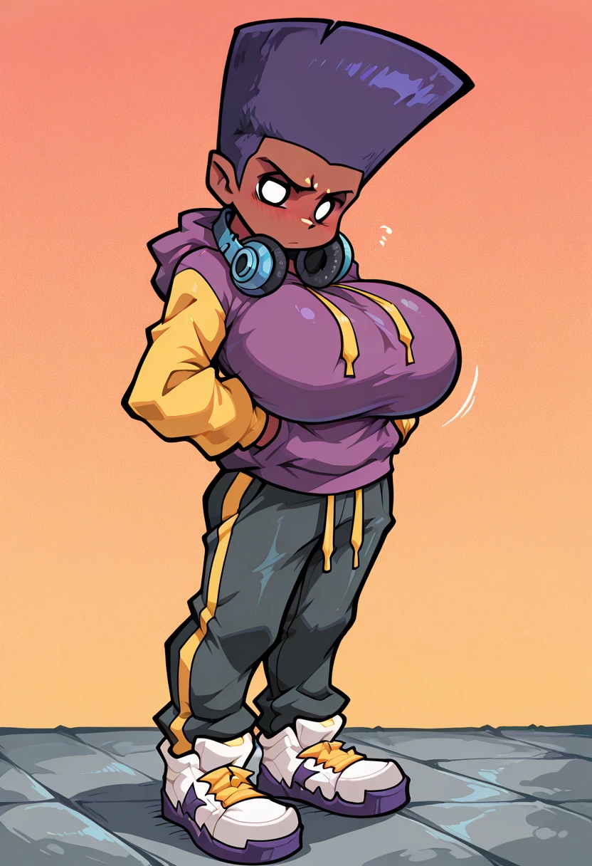 DarnellFNF, 1Mature girl, dark skin, tall sloped purple flattop, white eyes, purple hoodie, yellow sleeves, yellow drawstrings, dark gray trousers, white sneakers, yellow shoelaces, purple midsoles, and blue outsoles, bluish-gray headphones rest around neck,full-body shot blush Big breasts Huge breasts Gigantic breasts breast enlargement Standing