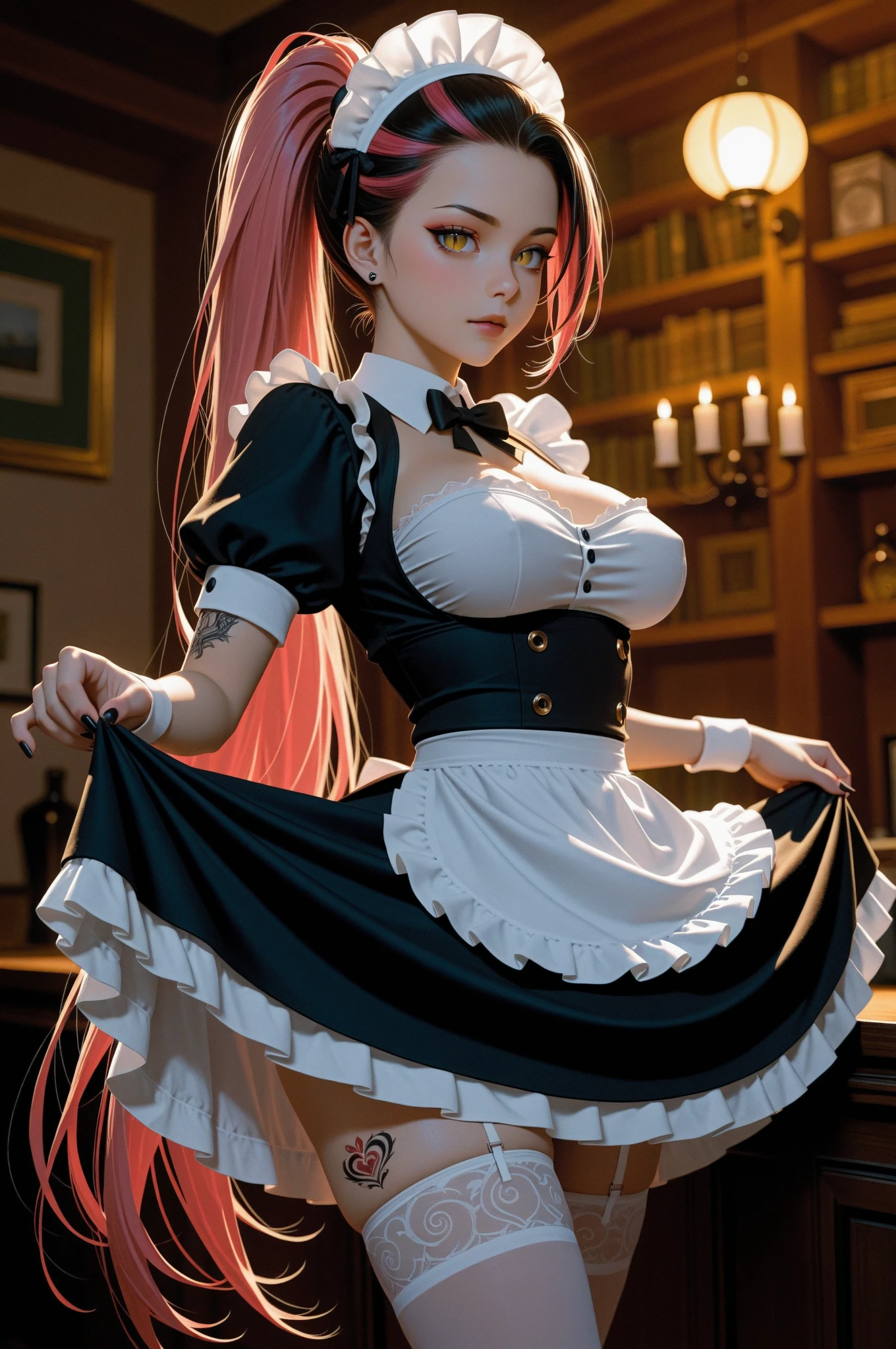 Nsfw, 1girl, apron, bow, cube hair ornament, dress, frills, gloom (expression), hair ornament, heart, heart hands, long hair, looking away, maid, maid apron, maid headdress, mary janes, one side up, pink hair, shaded face, shoes, short dress, solo, sweatdrop, thighhighs, white thighhighs, zettai ryouiki,