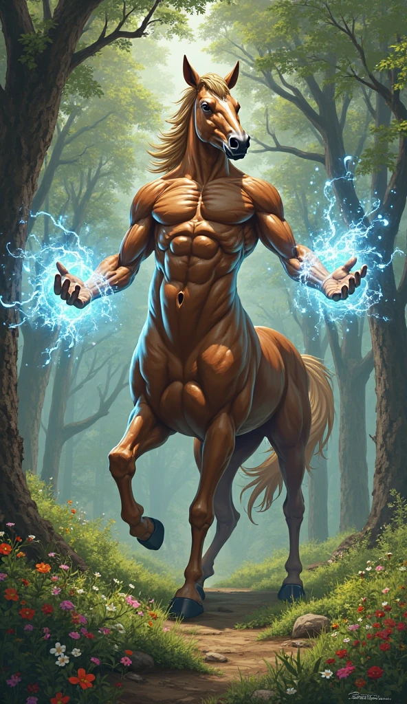 A centaur running through a river, detailed anatomy, muscular body, horse legs, human torso, powerful muscles, water splashing, photorealistic, 8k, high quality render, intricate details, fantasy, dramatic lighting, moody atmosphere, epic scene