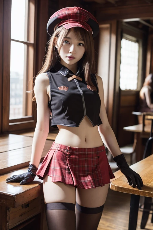 (Pretty Asian girl, idol, extremely detailed CG, 8K High Quality, Depth of field, Cinematic Light), Lens Flare, Ray tracing, beautiful lips, lots of cute soft freckles, beautiful detailed eyes, intricate detail face, ultra detailed skin, 1girl, in the dark, deep shadow, front shot, face forward, she has red lipstick, big eyes, black eyes, random position, pale skin, very flashy colorful orange hair, orange eyebrows, very small breasts, very nice detailed cleavage, looking at viewer, coy smile, she has lots of tattoos, must wear a shirt, ((wear low waist white tartan plaid short skirt with visible red thong legs)), tight sailor top that pushes up her breasts, ((wide gap between thighs:1.6)) , view full body from head to toe shot 3/4 , navel piercing, wear cosplay cat ears headband, wear high thighs stockings with hangers from under her skirt with belts and straps, loops earrings, piercings, jewelry, lots bracelets, at the amusements park, (Intense sex appeal of young women), (woman who makes erotic temptations), (she reaches an amazing orgasm)
exhibiting idol-like features, emerges from the depths of shadow in an extremely detailed CG Unity 8K wallpaper. Her beautifully sculpted face boasts intricate details, with ultra-detailed skin that appears almost alive,