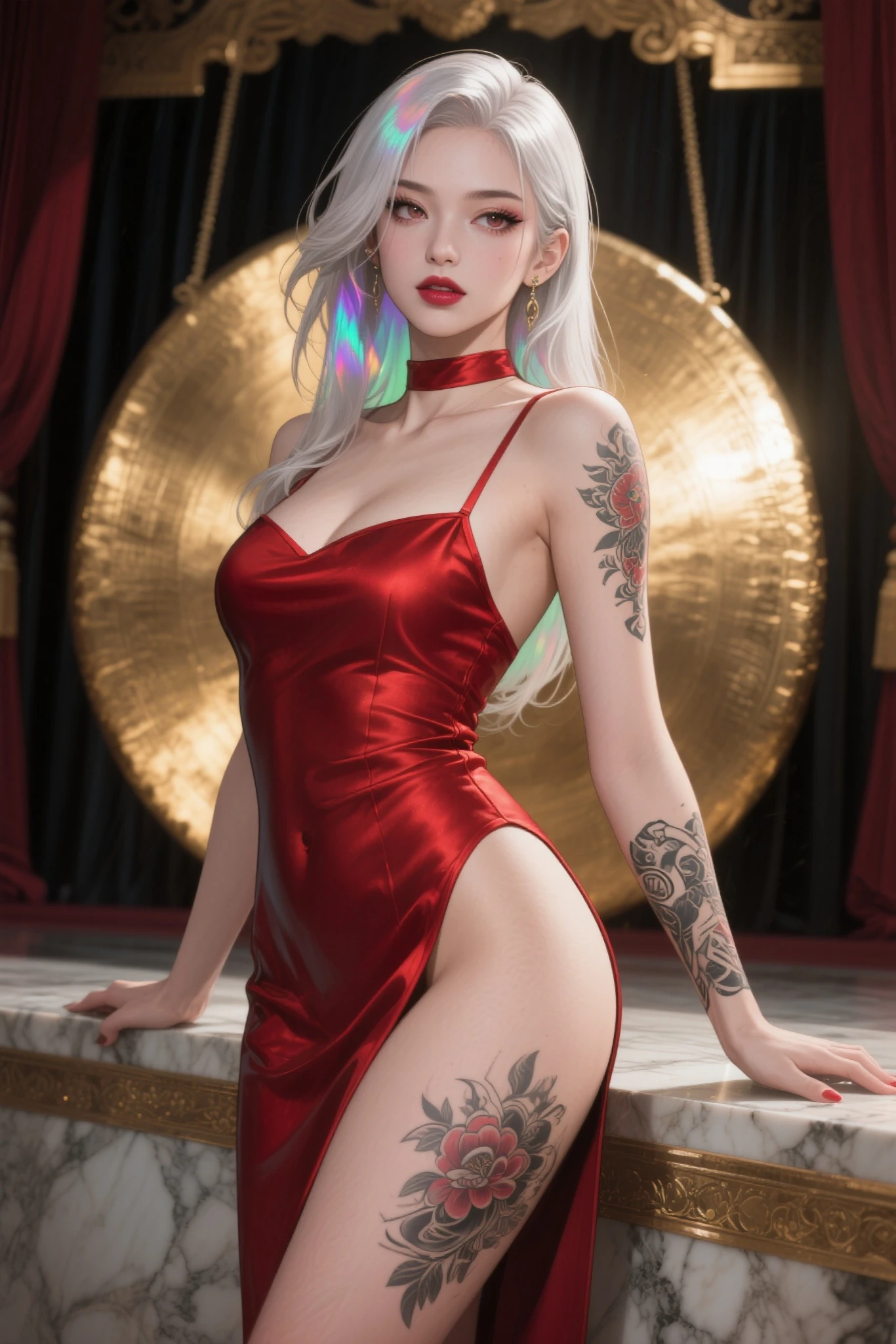 best work,Super high quality work,4k:2.0,ultra high definition,8K high-definition CG production,High quality graphics,3D high-definition CG photos,Ultra high pixels,Super exquisite:1.1,technical details:1.1,室内灯Light effect果:1.1,Natural dimming,Light effect,Ultra high resolution large files,fashion clothing photos,Exquisite and sexy woman,A mature and sexy woman,Royal sister temperament,Characteristics of European and American women,mixed race beauty,Temperamental type goddess,silver hair,She has long white and silver hair,clear hair,Careful hair texture(Premium hair details:1.1)Beautiful and delicate eyebrows and eyelashes,big eyes,light red eyes,sexy red lips,perfect lip shape,clear skin texture,hydrated skin(Advanced facial details:1.1)The face of a perfect goddess,perfect body shape,top supermodel,devilish figure,Hips raised,man's waist is very thin,long legs,(Advanced skin details:1.1),Smooth,Wear evening gown,bright red dress, ((glow dress:1.5))Sequin blood red evening dress,dress dress,black stockings,silk scarf,lace dress(Premium lace details:1.1)bright red,very bright blood red,High heel,livestock,Wear jewelry,ear nipple ring,necklace,bracelet,Eat dinner,full-body shot,Costume Art Photos,high quality work