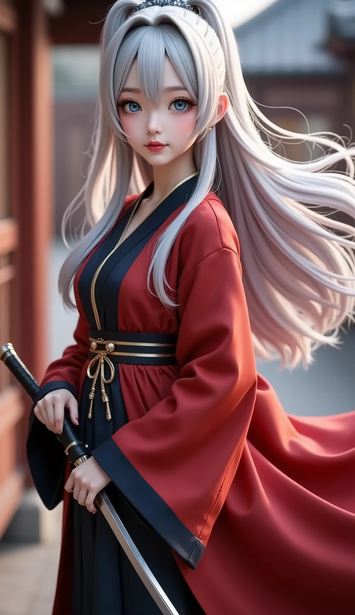 16K, 4K masterpiece, 3D best image quality, highest quality, PVC material model, 《とうらぶ》。 character, ultra-high definition, ultra-detailed ❲こうせつさもんじ❳ character, ❲full body photo❳, 180cm tall, blue eyes, radiant, snow-white silver hair, long hair fluttering in the wind, wearing dark blue and gold thread, matched with a bright red long battle robe, beautiful and solemn expression, calm and confident, showing a strong charm, holding a samurai sword, Samonji sword school, dancing in the wind, clothes fluttering in the wind, full of explosive fighting power, YouTube art thumbnail, amazing visual effects, every element has been carefully rendered, realistic and accurate, a master-level masterpiece, full of vitality.