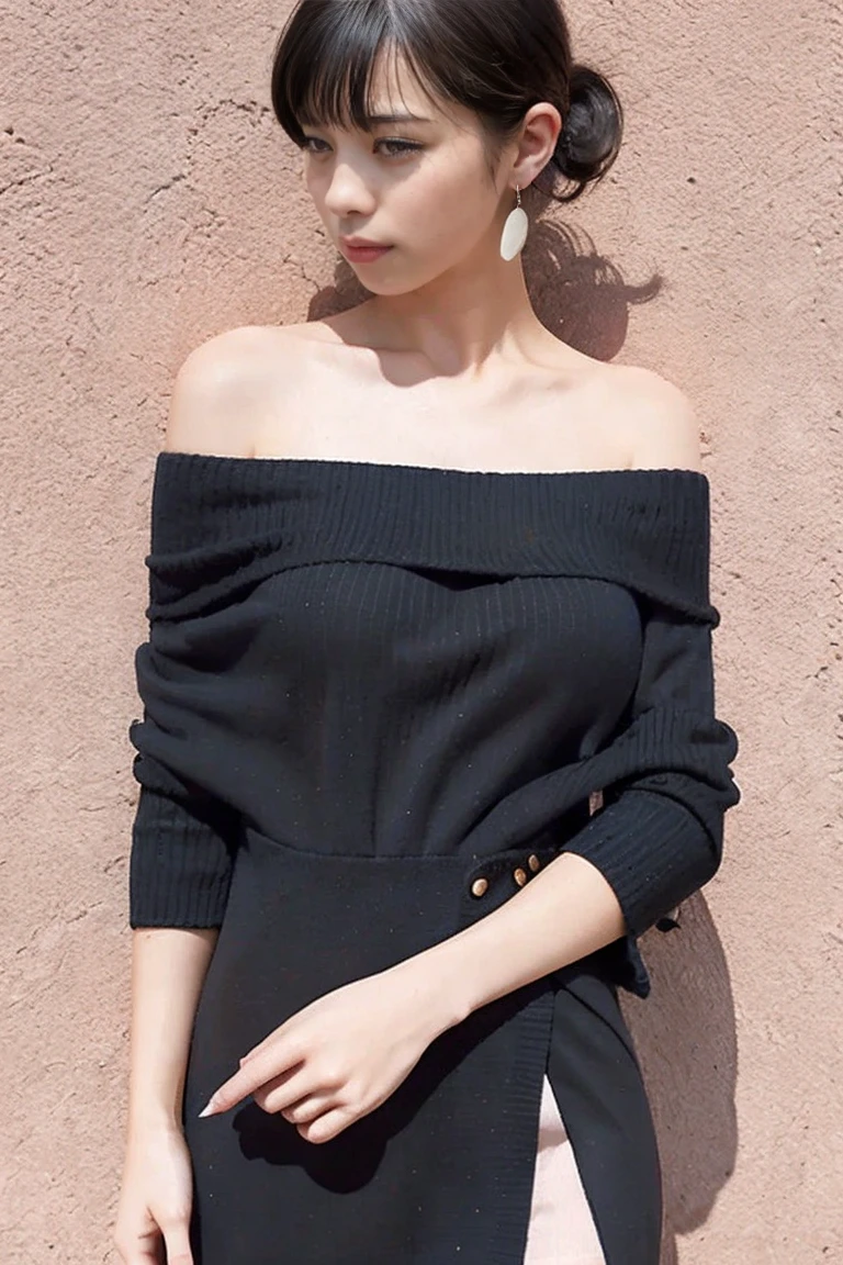 (masterpiece, high quality) woman, long hair, off shoulder, (wearing oversized pullover sweater dress in black, loose dress), model, posing, simple background