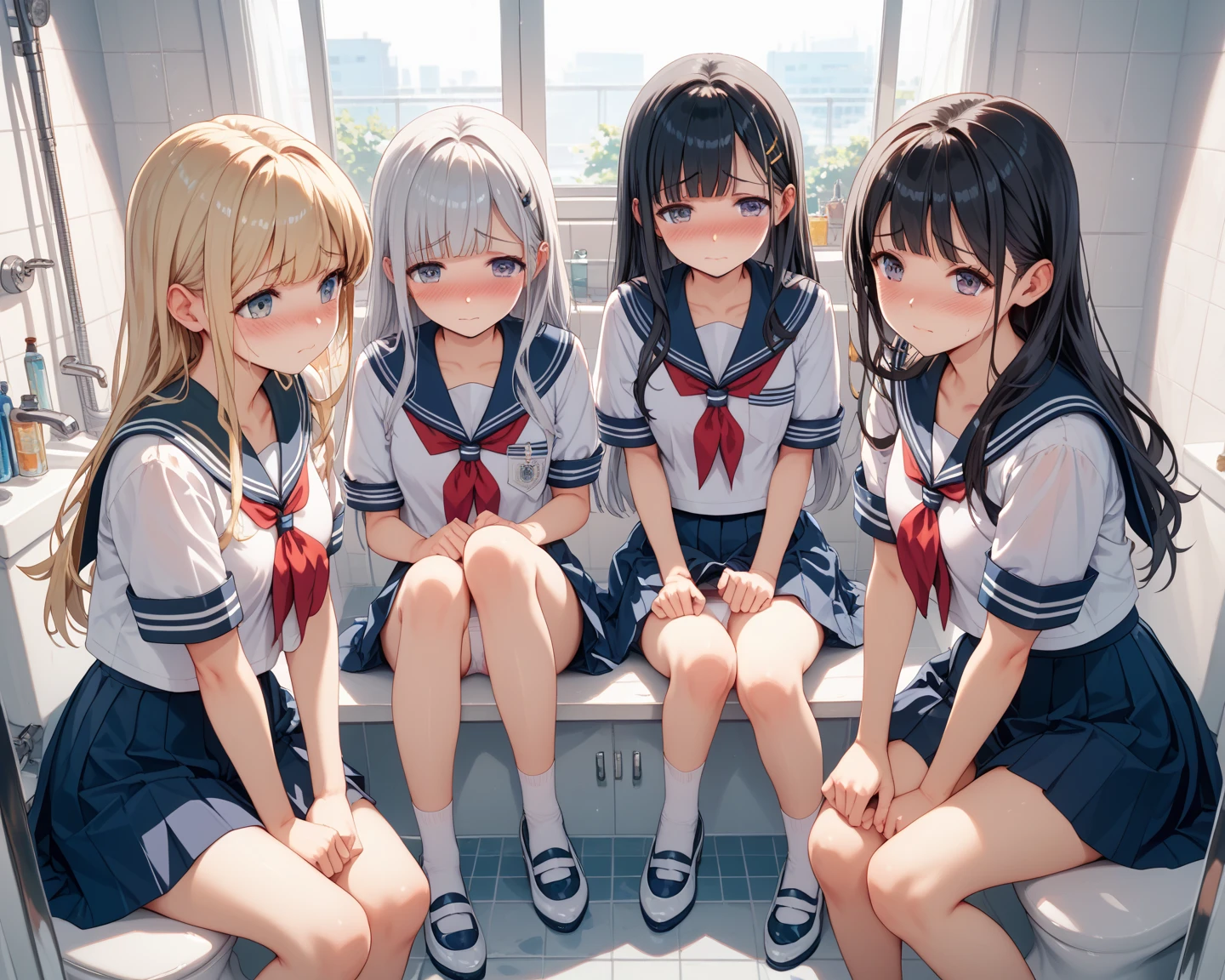 (((("Three 17 year old girls.)))) The first has long yellow hair and green eyes.. The second has white Bob hair and blue eyes. The third has long red hair and red eyes.. wearing school uniforms. The background is a high school."(best qualityer, 8k, 32 mil, work of art, ultra HD,:1.2),CRU, 2 little girls,ultra cute , natural lighting,olhos Ablazes transparentes, 20 year,Medium chest ,skin fair ,Ruddy face,dynamic lighting, In the stairs, ((schoolar uniform)), crawling position on hands and knees, Closing your legs, moccasins, NSFW, in the middle of the stairs, Ablaze, Show panty, White or blue panties