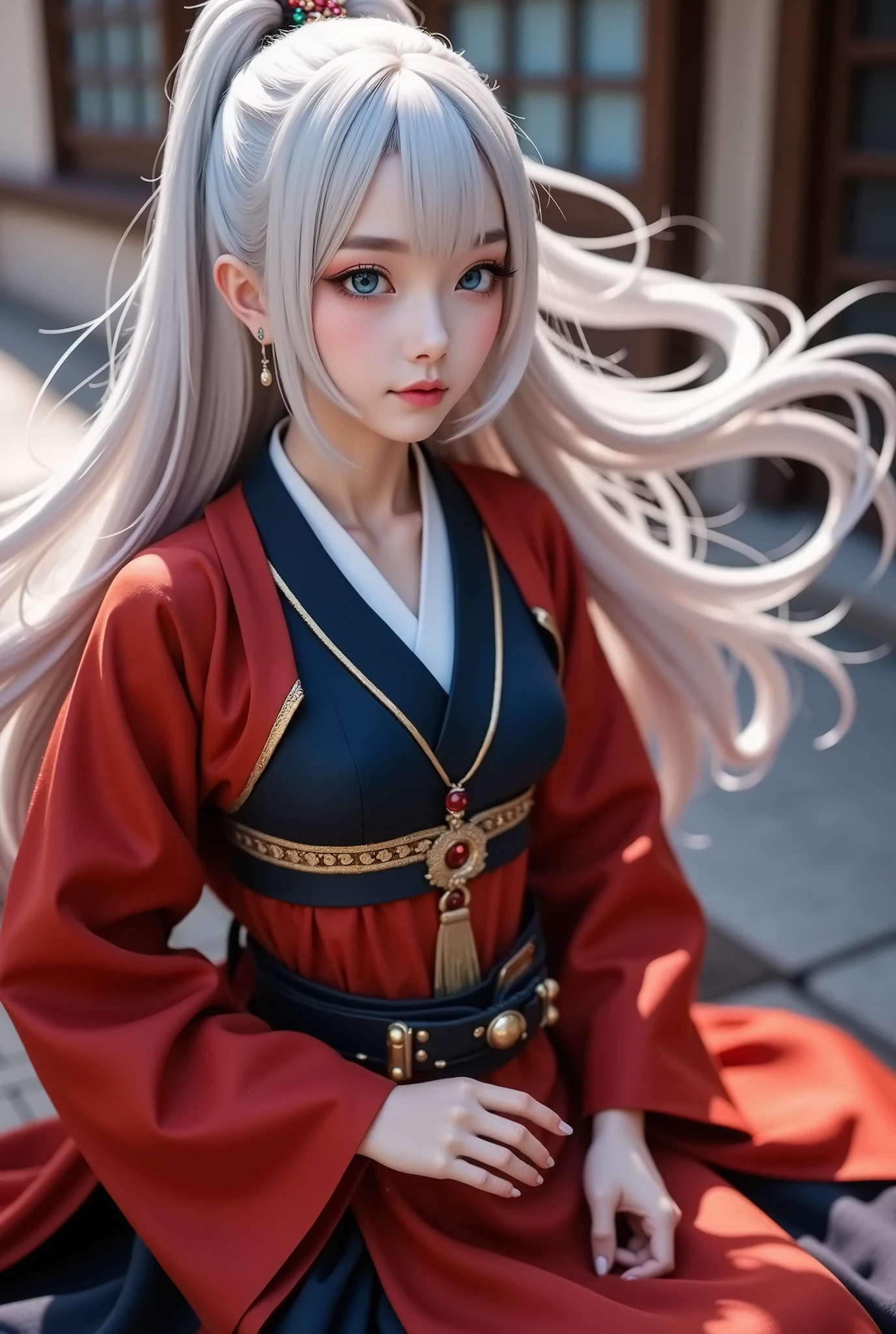 16K, 4K masterpiece, 3D best image quality, highest quality, PVC material model, 《とうらぶ》。 character, ultra-high definition, ultra-detailed ❲こうせつさもんじ❳ character, male, ❲full body photo❳, 180cm tall, blue eyes, radiant, snow-white silver hair, long hair fluttering in the wind, wearing dark blue and gold thread, matched with a bright red long battle robe, beautiful and solemn expression, calm and confident, showing a strong charm, holding a samurai sword, Samonji sword school, dancing in the wind, clothes fluttering in the wind, full of explosive fighting power, YouTube art thumbnail, amazing visual effects, every element has been carefully rendered, realistic and accurate, a master-level masterpiece, full of vitality.