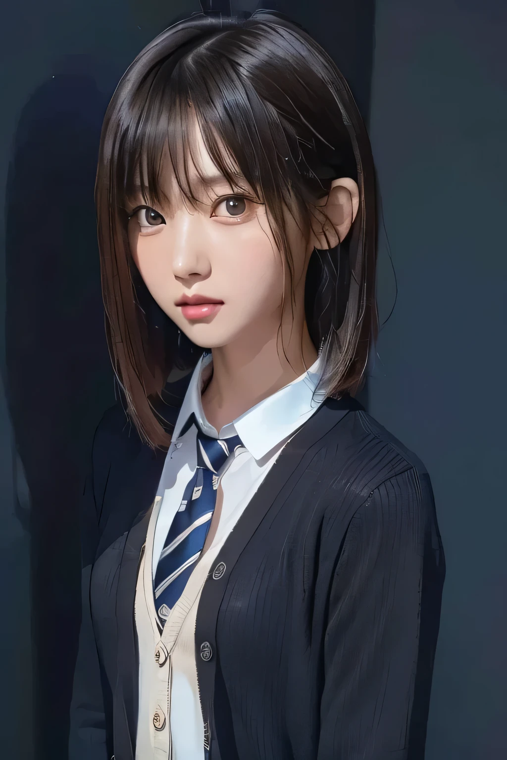 (masterpiece、top quality、super detailed description、Ultra high resolution)、(face shot)、girls、solo、(slender)、(small chest)、cute、IDOL FACE、dark haired、black eyes、(School Uniform、Plaid、Striped、necktie、shirt、cardigan)、(Professional lighting and shadows:1.4)、(pure eros face)、(looking back at viewer:1.3)