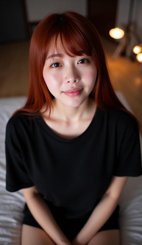 Ulzzang girl, idol, ginger hair, cabello corto, in room, sonriendo, ropa con escote, ojos azules, ropa linda, staring at the camera, sexy face, petite, white skin, blue eyes
