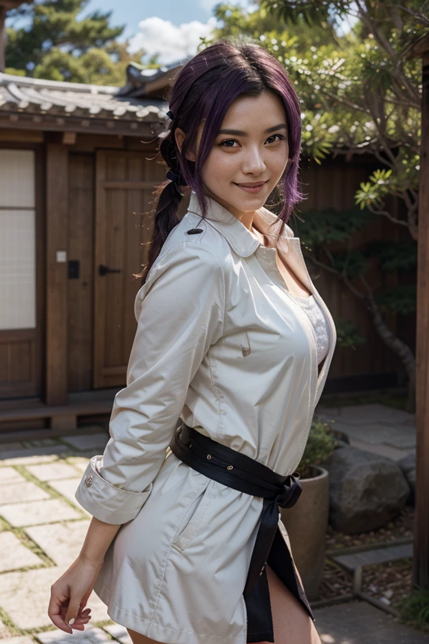 hight resolution, Best Quality, Ultra-detailed, finely detail, 8K, Perfect dynamic composition, Natural Color Lip, 28 years girl, 1 persons, (slender body, medium breasts:1.3), Transparent skin, There is a black horn about 30 cm from the hairline of the bangs, (purple hair color:1.4), (high ponytail:1.4), Glowing hair, The correct state of the human body, (Holding a Huge sword:1.4), (purple office suit:1.4), (own breasts is exposed:1.4), (bokeh:1.2), whole body posture, in the forest,
