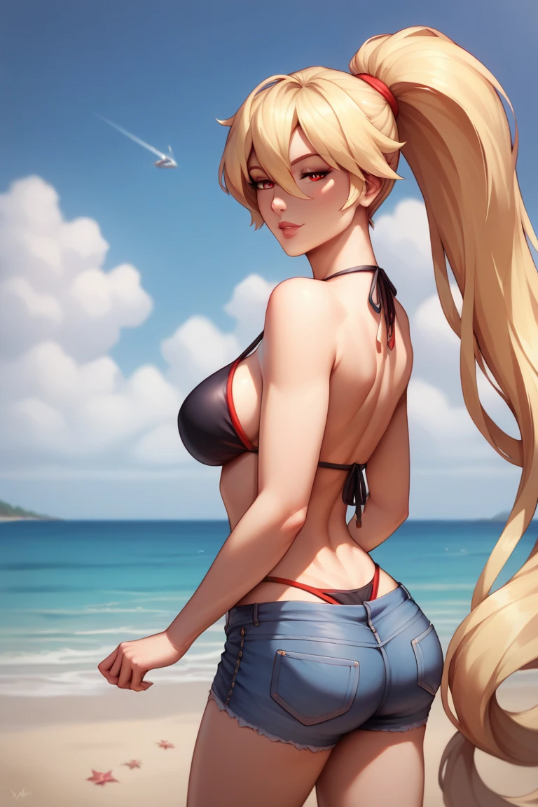 8k, masterpiece, teen, 1girl, black bikini, barefoot, yellow eyes, medium hair, messy bangs, tiny breasts, (white hair:1.4), yellow hair, (two-tone hair:1.4), at beach, sitting on sand, wet body, wet hair, from behind, looking behind, feet, ass visible through panties
